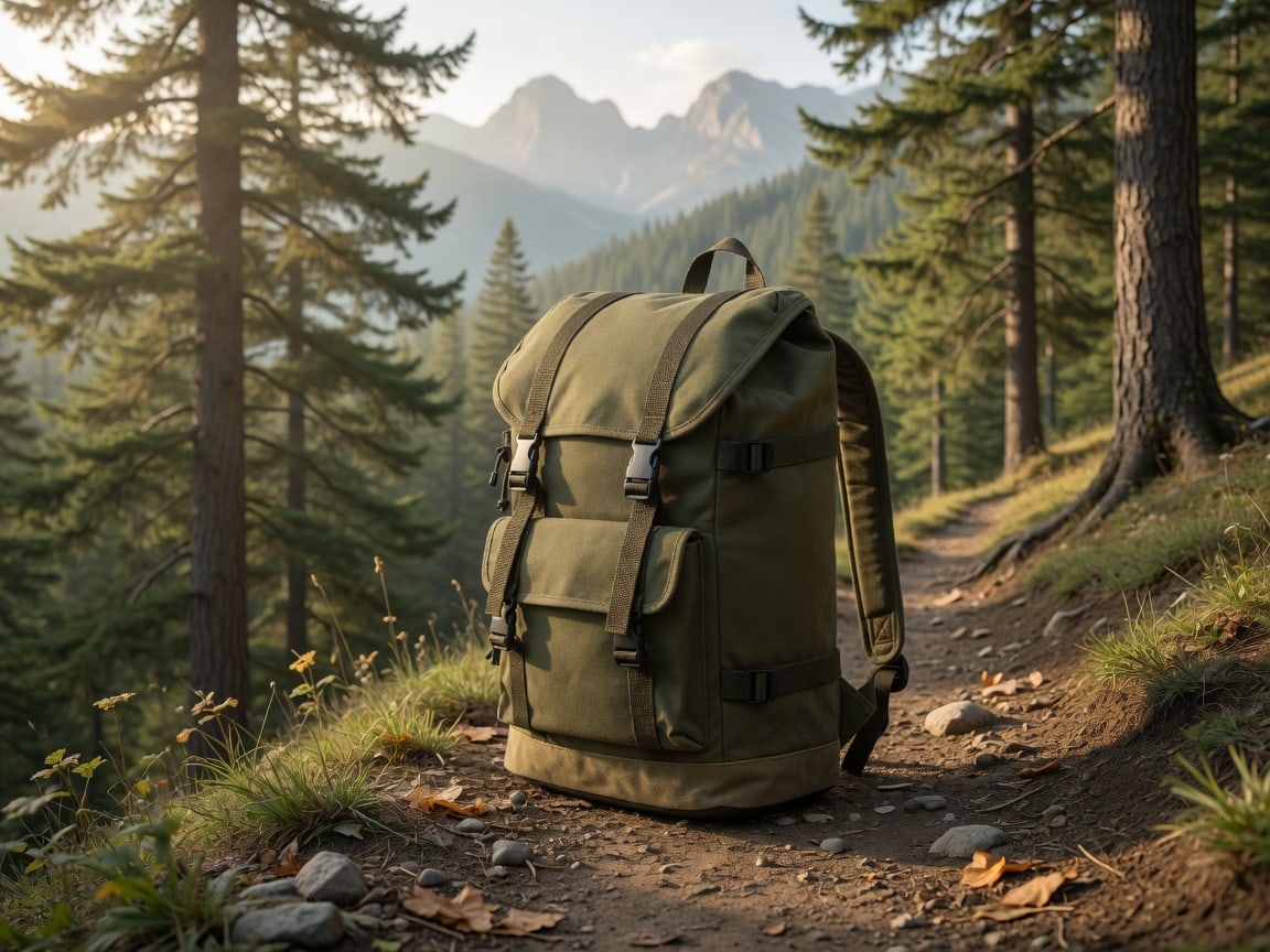 Same backpack standing on a forest trail.