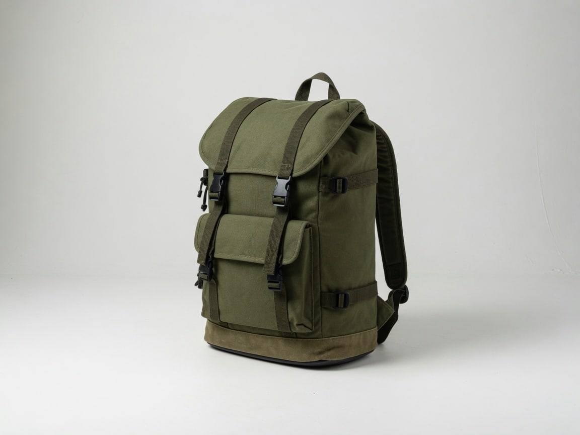 Olive canvas backpack on a white studio sweep.