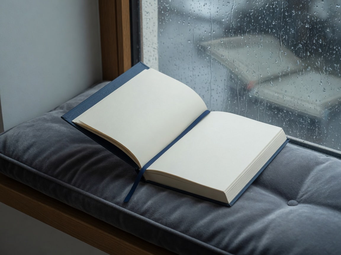 Same book open on a rainy window seat.