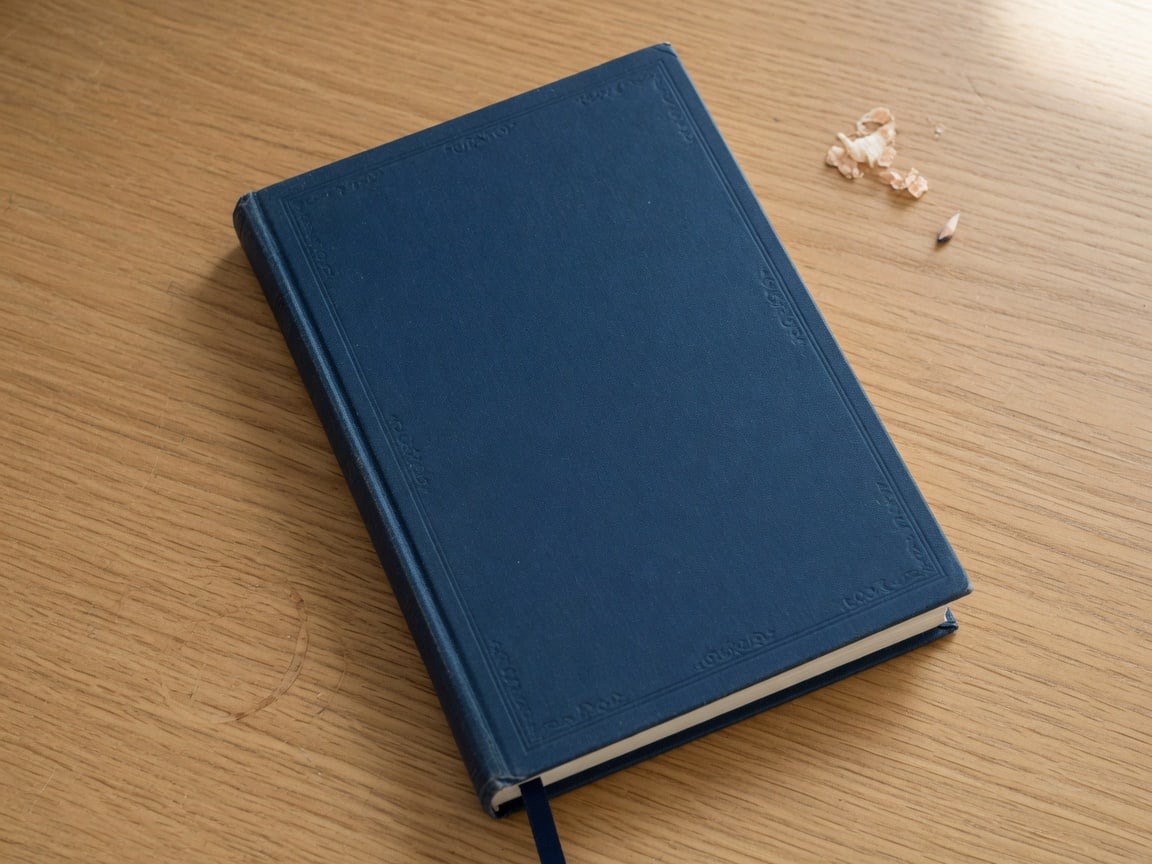 Closed navy book on an oak desk.