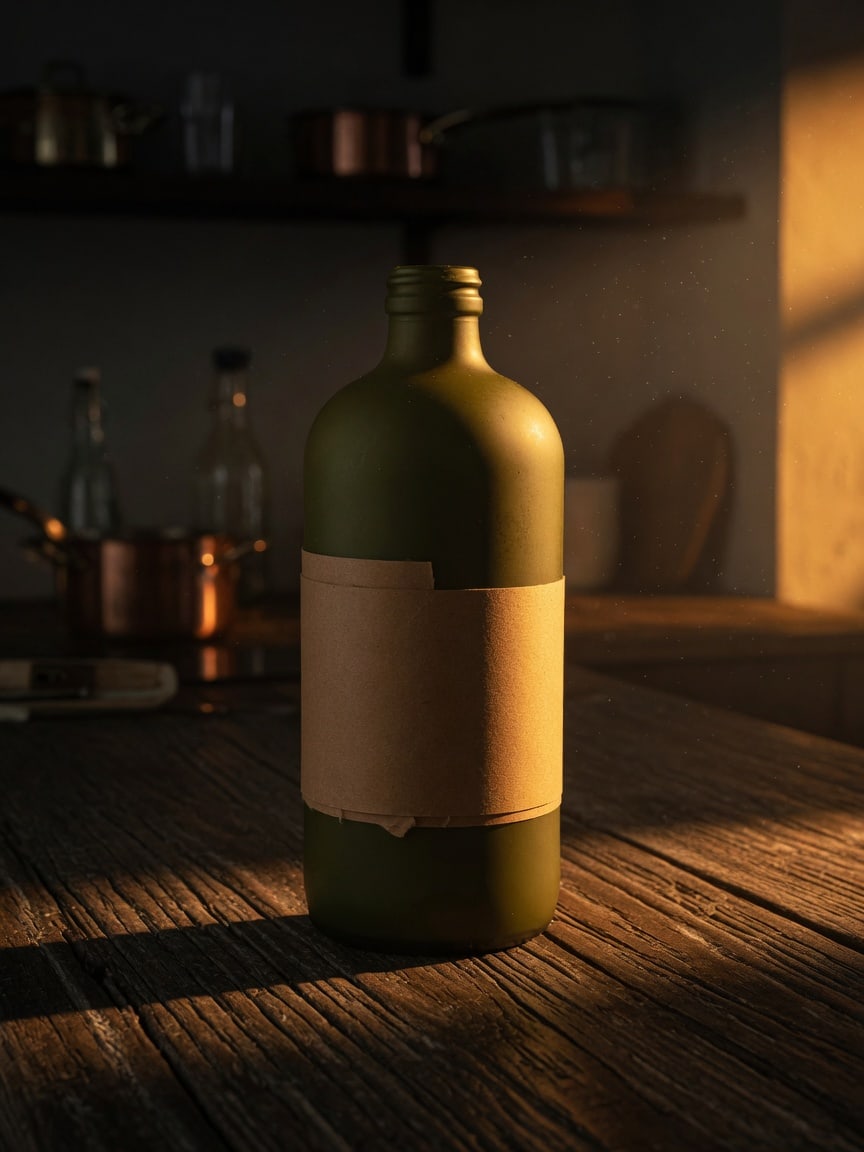 The same bottle on a dark kitchen table in warm evening light.