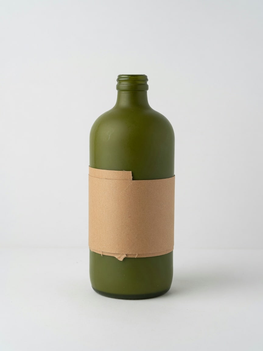 Olive bottle with a kraft paper band on a white studio sweep.