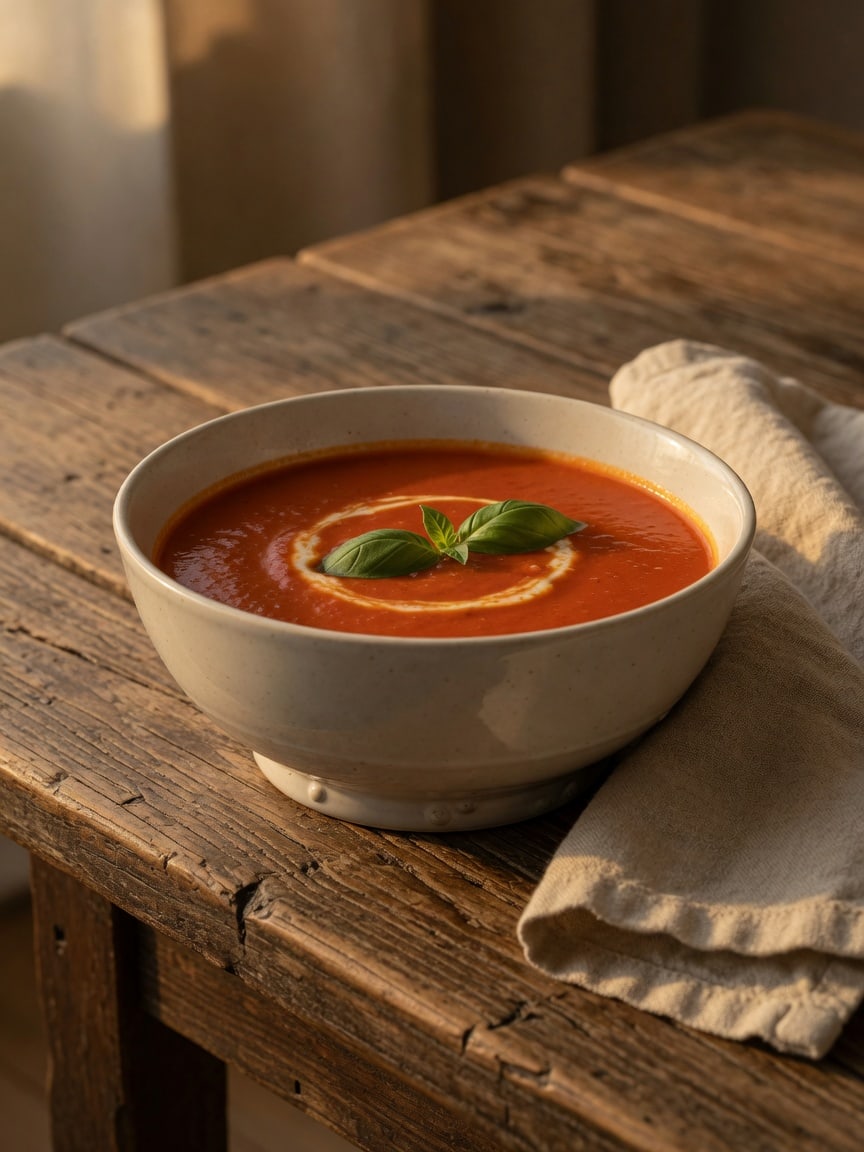Same ceramic bowl filled with tomato soup on a wooden table.