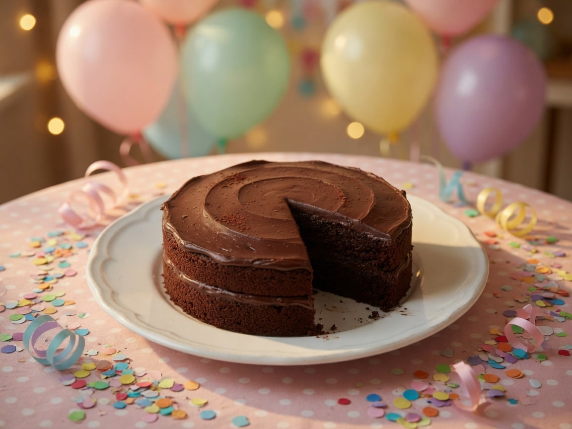 Same cake on a party table with balloons.