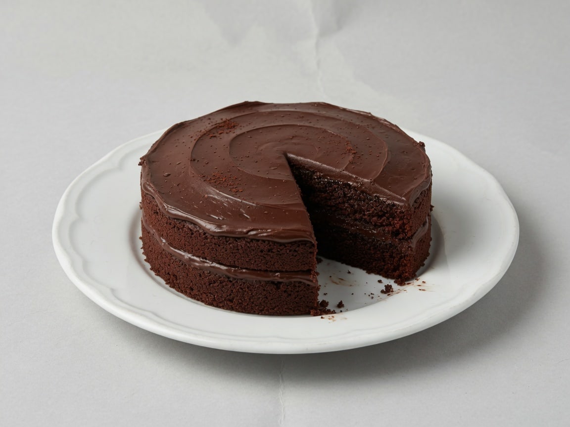 Chocolate cake on a white studio plate.