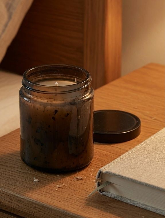 Soy candle on a white studio sweep.