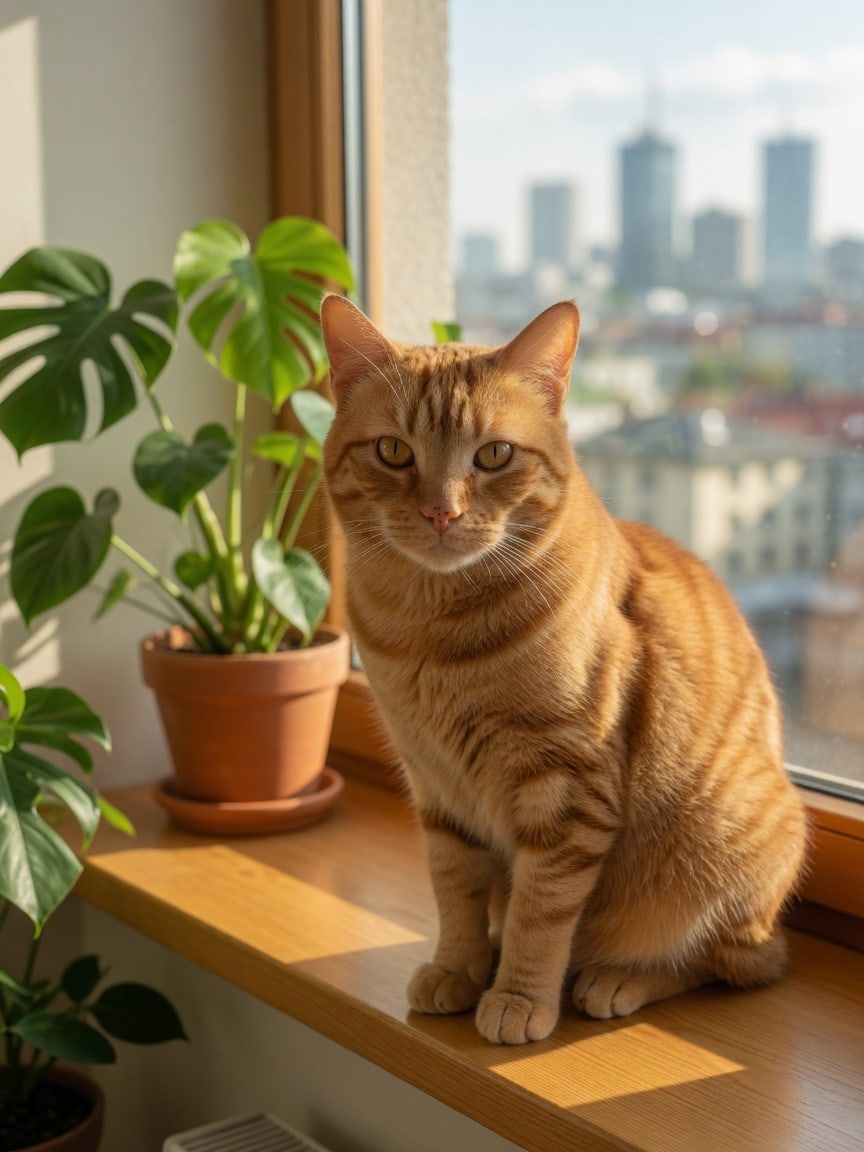 Orange tabby on a sunny apartment windowsill.