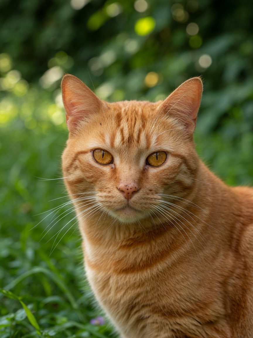 Orange tabby close-up against outdoor bokeh.