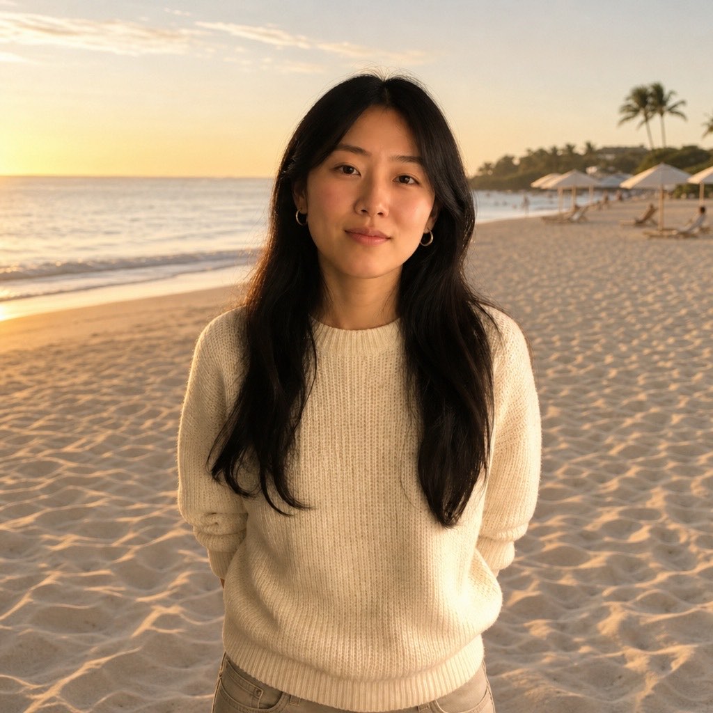 Same woman after a prompt that changes the photo background to a beach.