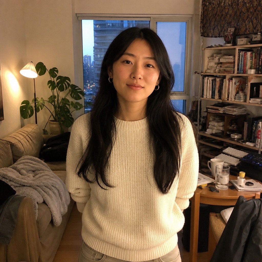 Portrait in a cluttered apartment living room before a background change.