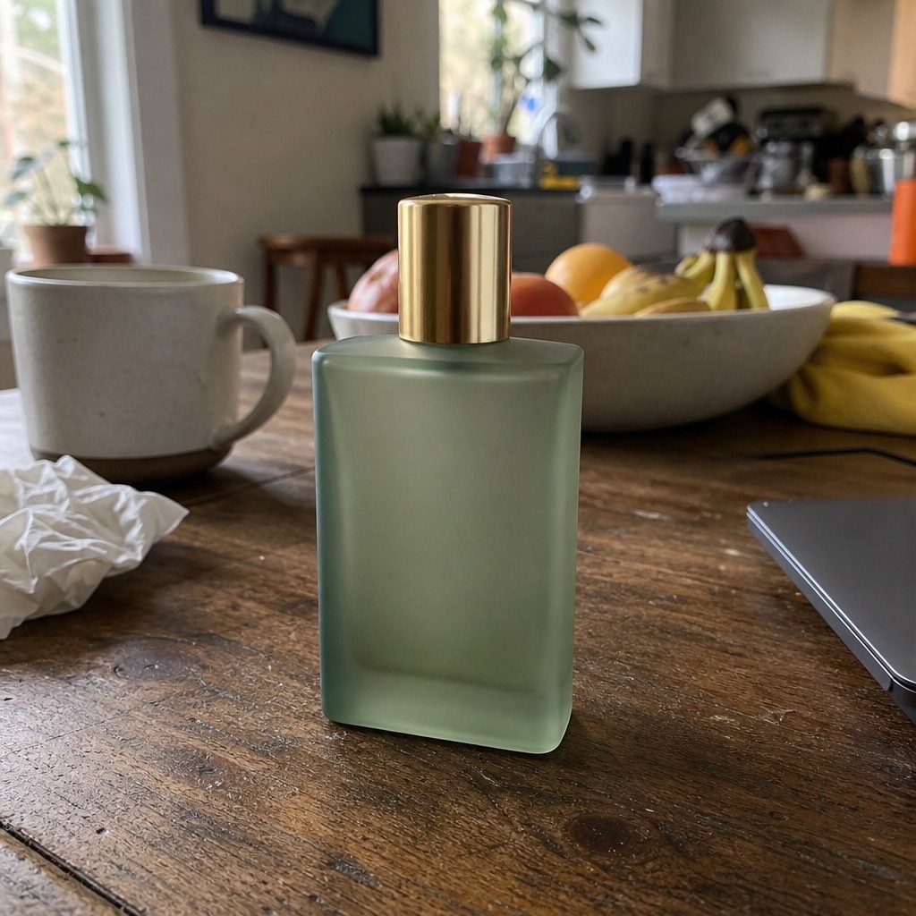 Perfume bottle on a messy kitchen table before changing the background to white.