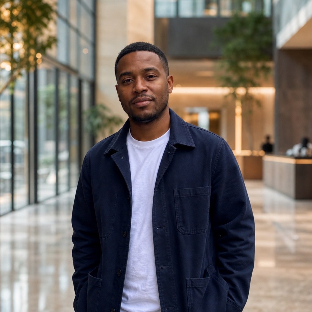 Same man after a prompt that changes the photo background to an office lobby.