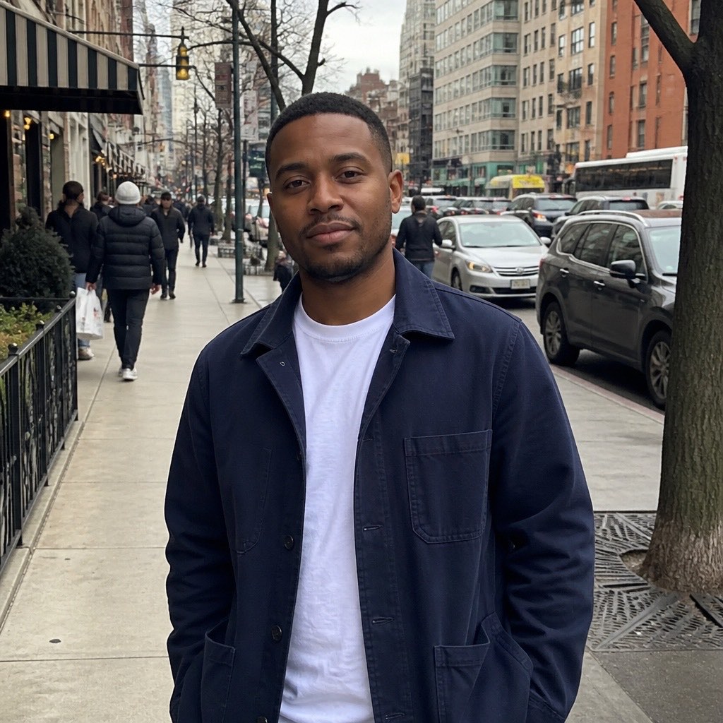 Man on a busy city sidewalk before a background change.