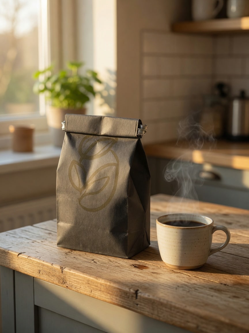 Coffee bag on a kitchen table with a mug in morning light.