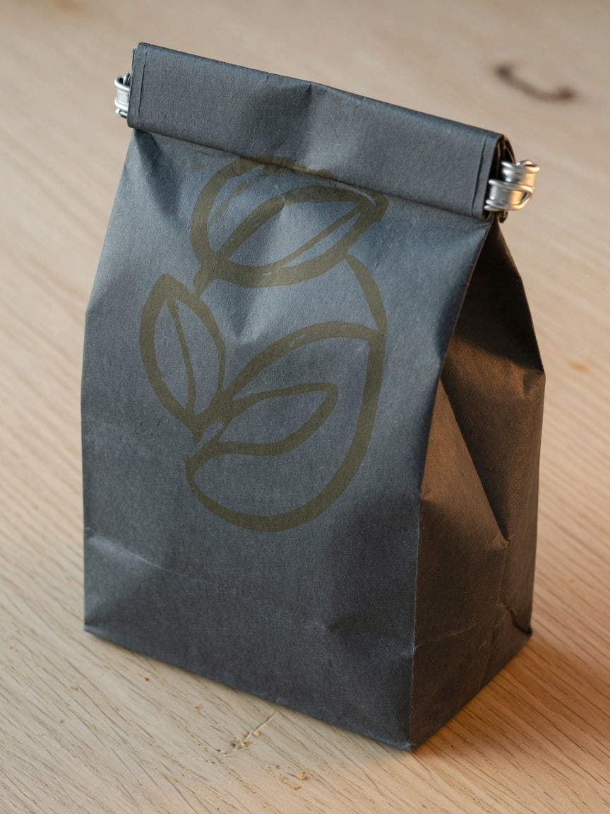 Coffee bag close-up on a wooden table.