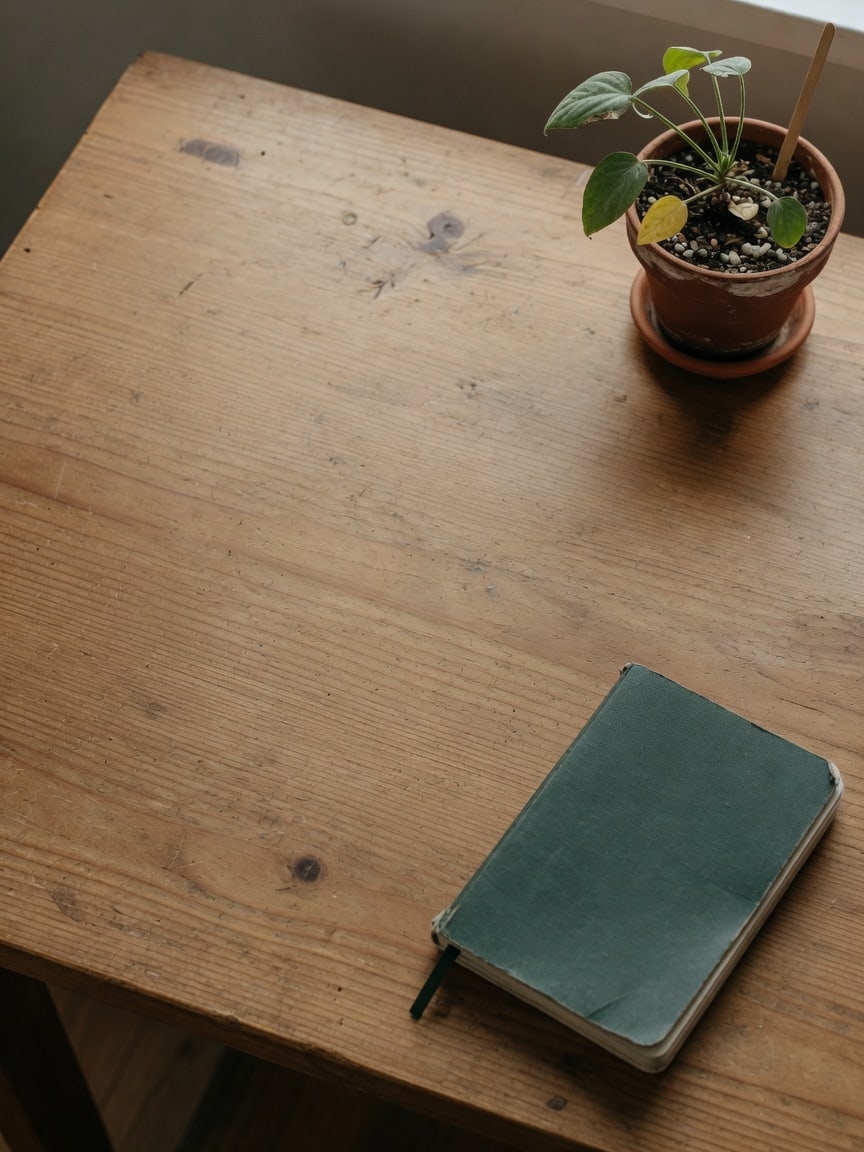 The same desk cleared, with only a green notebook and a plant.