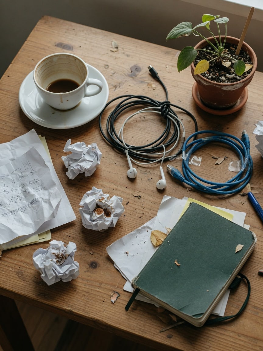 Messy wooden desk with cables, crumpled paper, and a used coffee cup.