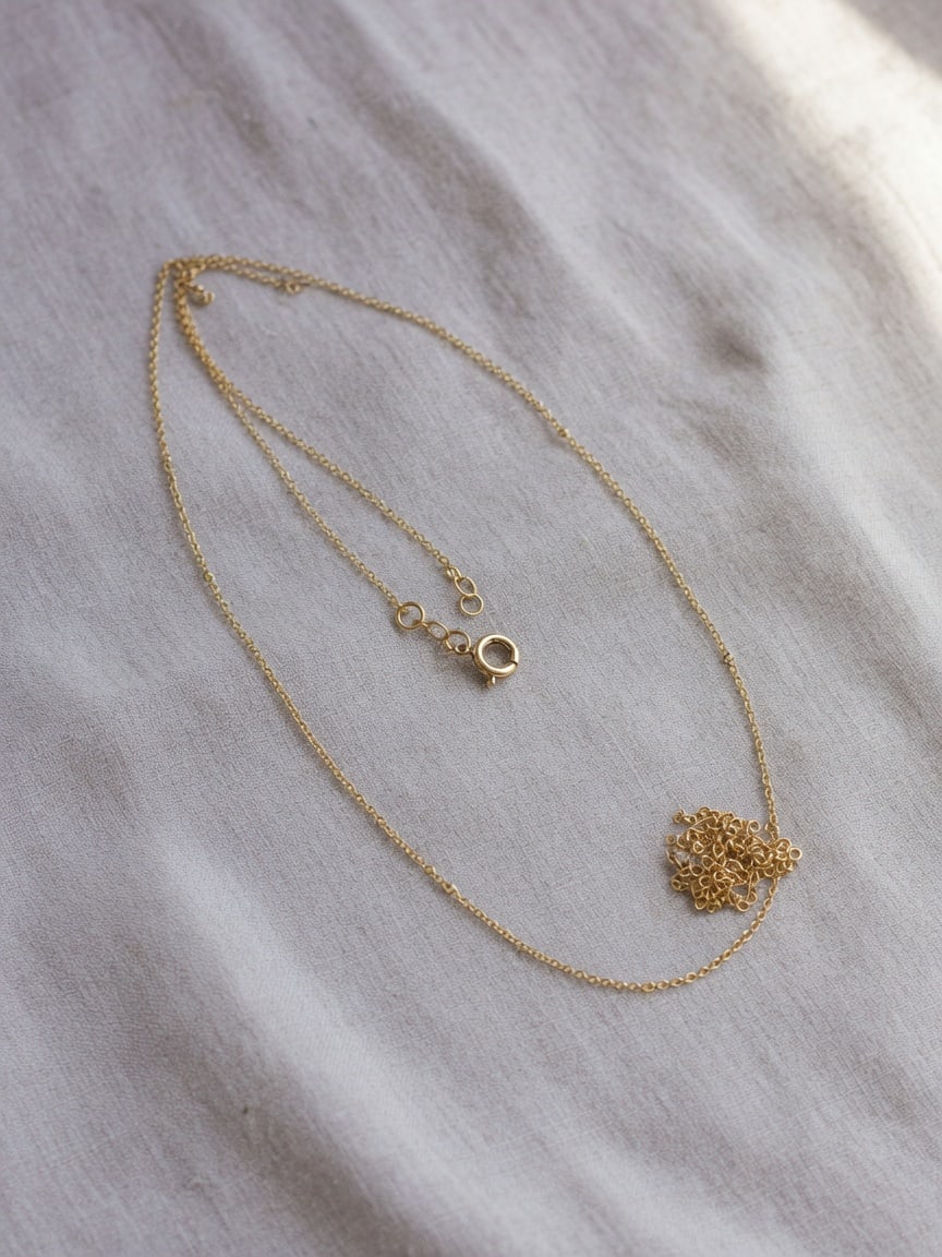 Gold necklace on a white studio sweep.