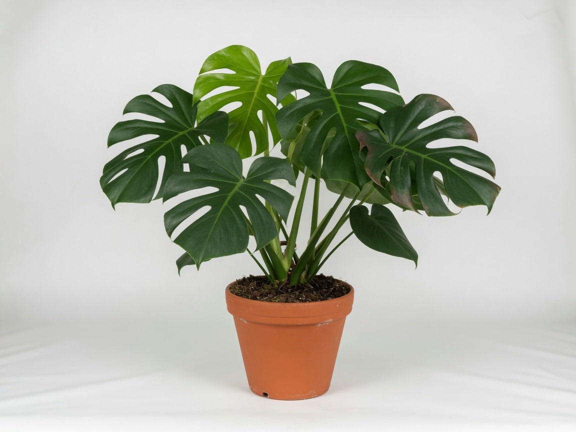Potted monstera on a white studio sweep.