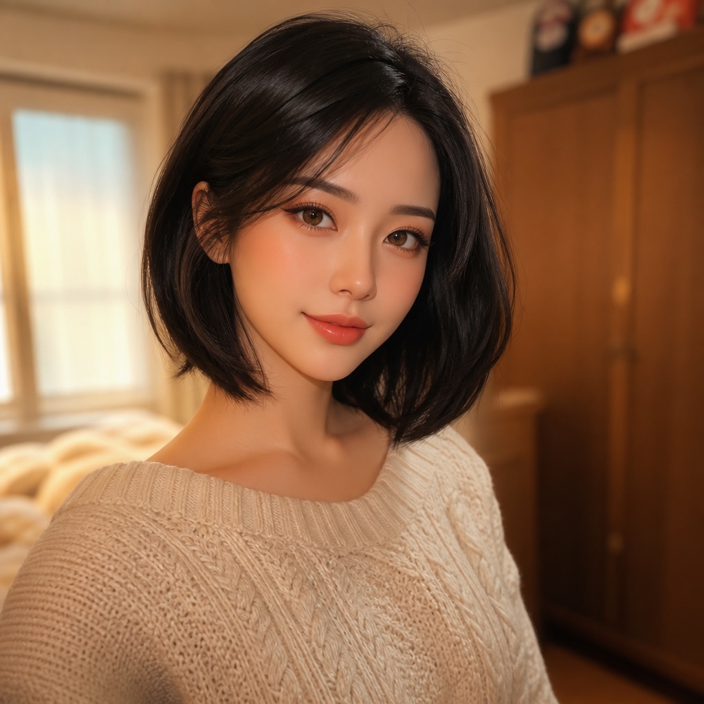 AI bedroom portrait with porcelain skin and even beauty light.