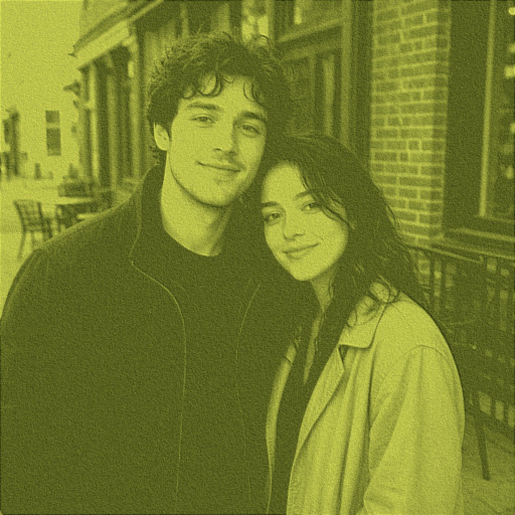 Couple on a sidewalk under a green matcha wash before a remove matcha filter pass.