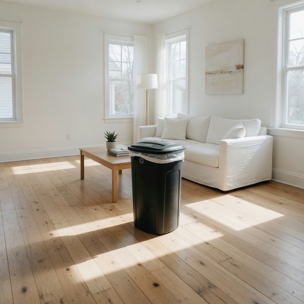 Empty living room with a black trash can on the floor before a remove object from photo pass.
