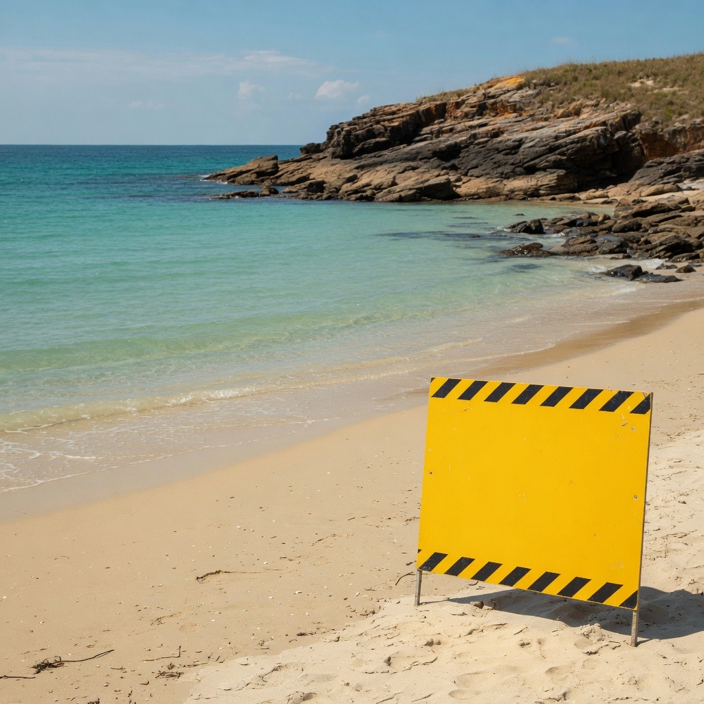 Beach cove with a yellow construction sign in the sand before a remove object from photo pass.