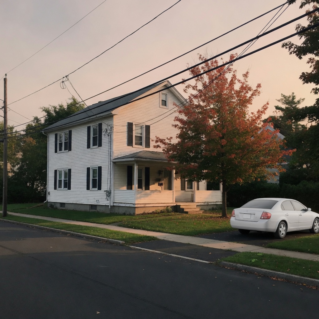 Suburban house with black power cables across the sky before a remove object from photo pass.