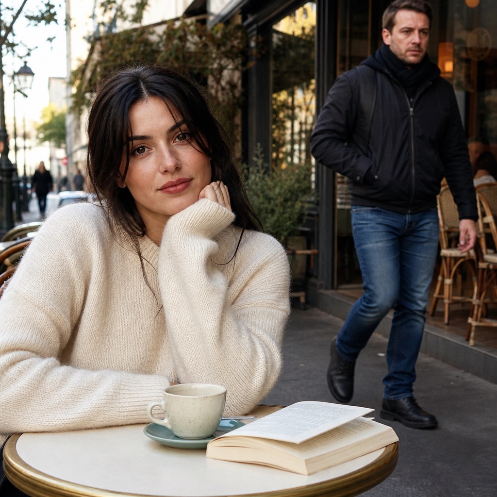 Cafe terrace snapshot of a woman at a table with a passerby behind her before a remove person from photo pass.