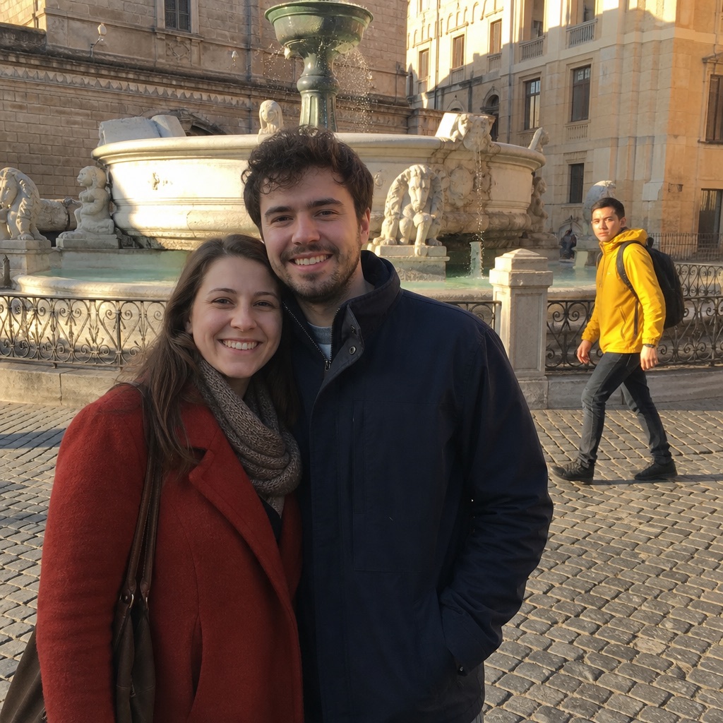 Travel plaza snapshot of a couple at a fountain with a yellow-jacket tourist photobomber before a remove person from photo pass.