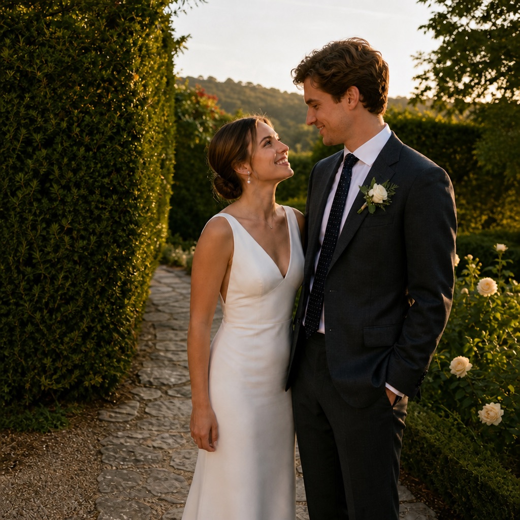 Same garden wedding snapshot after a prompt that asked to remove person from photo and erase the extra guest.