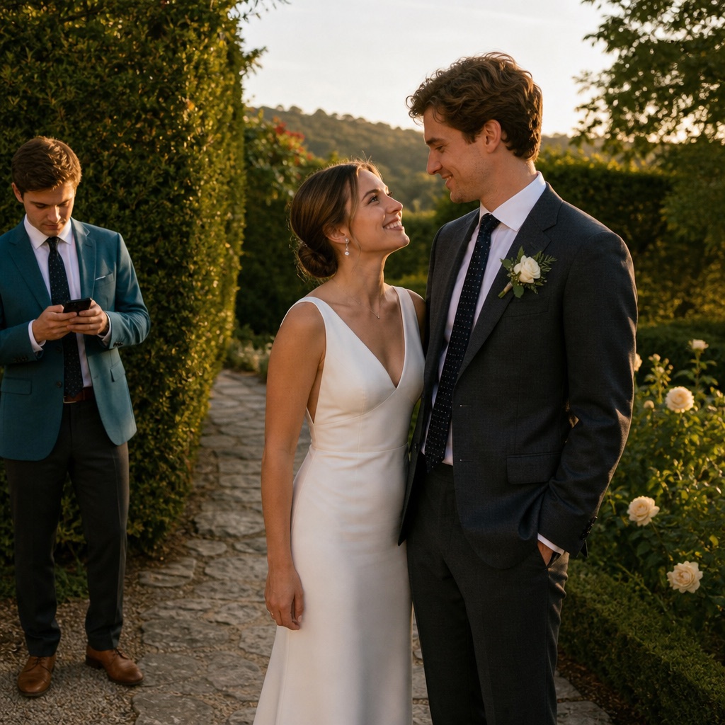Garden wedding snapshot of a couple with an extra guest in a teal blazer before a remove person from photo pass.