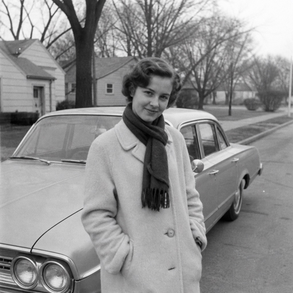 Black-and-white street snapshot of a woman by a car before colorize.