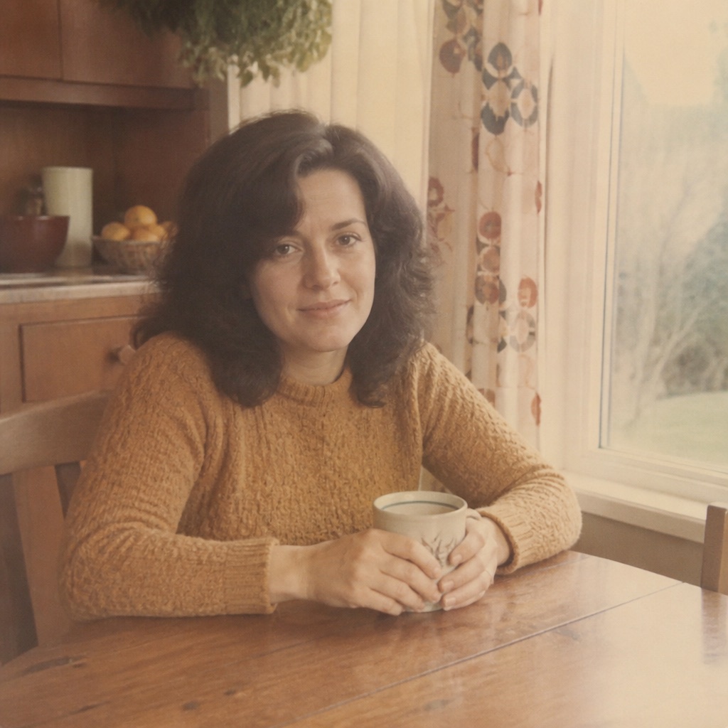 Faded yellowed kitchen snapshot of a woman at a table before an old photo restore pass.
