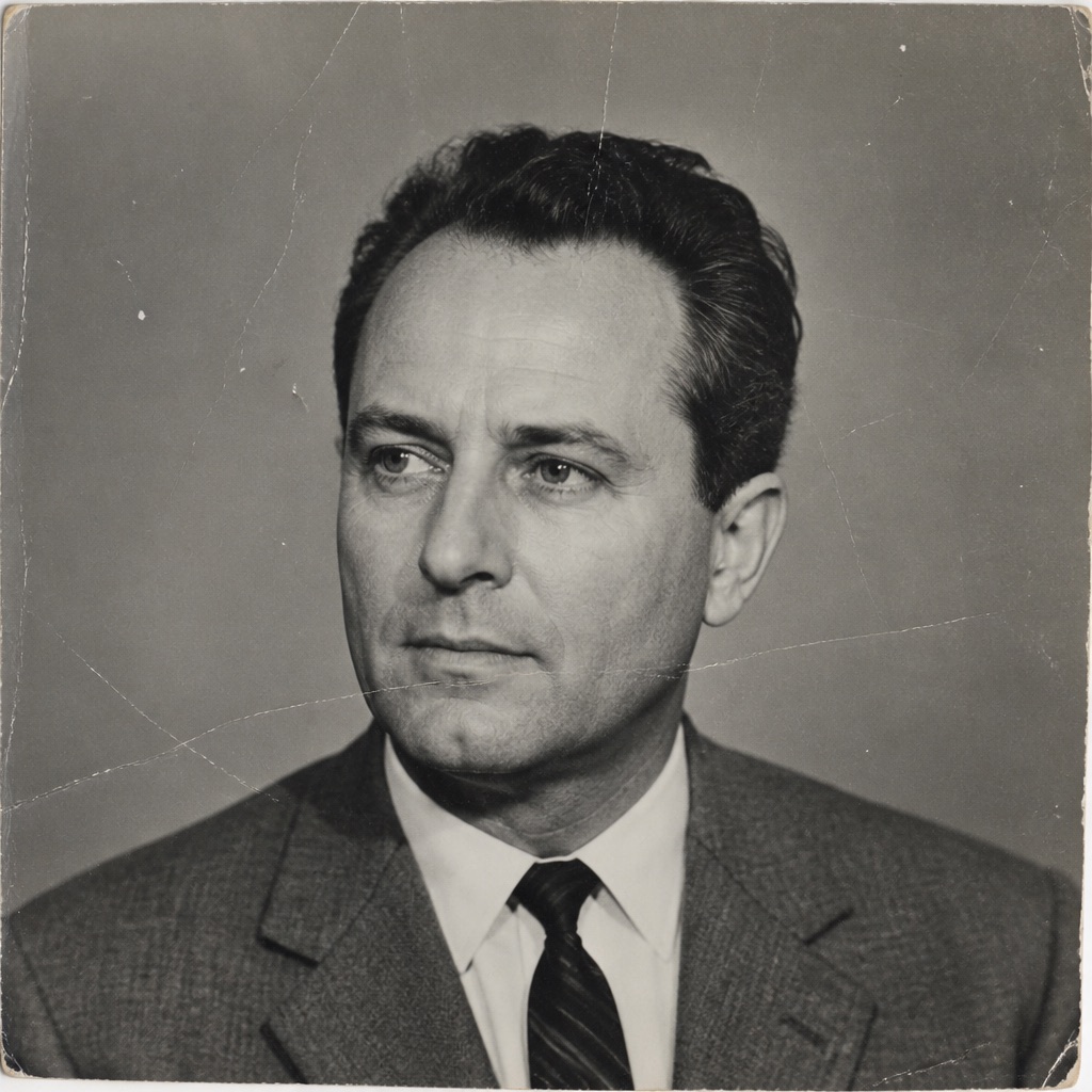 Scratched black-and-white studio portrait before an old photo restore pass.
