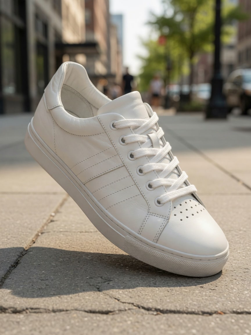 The same sneaker standing on a sunlit city sidewalk.
