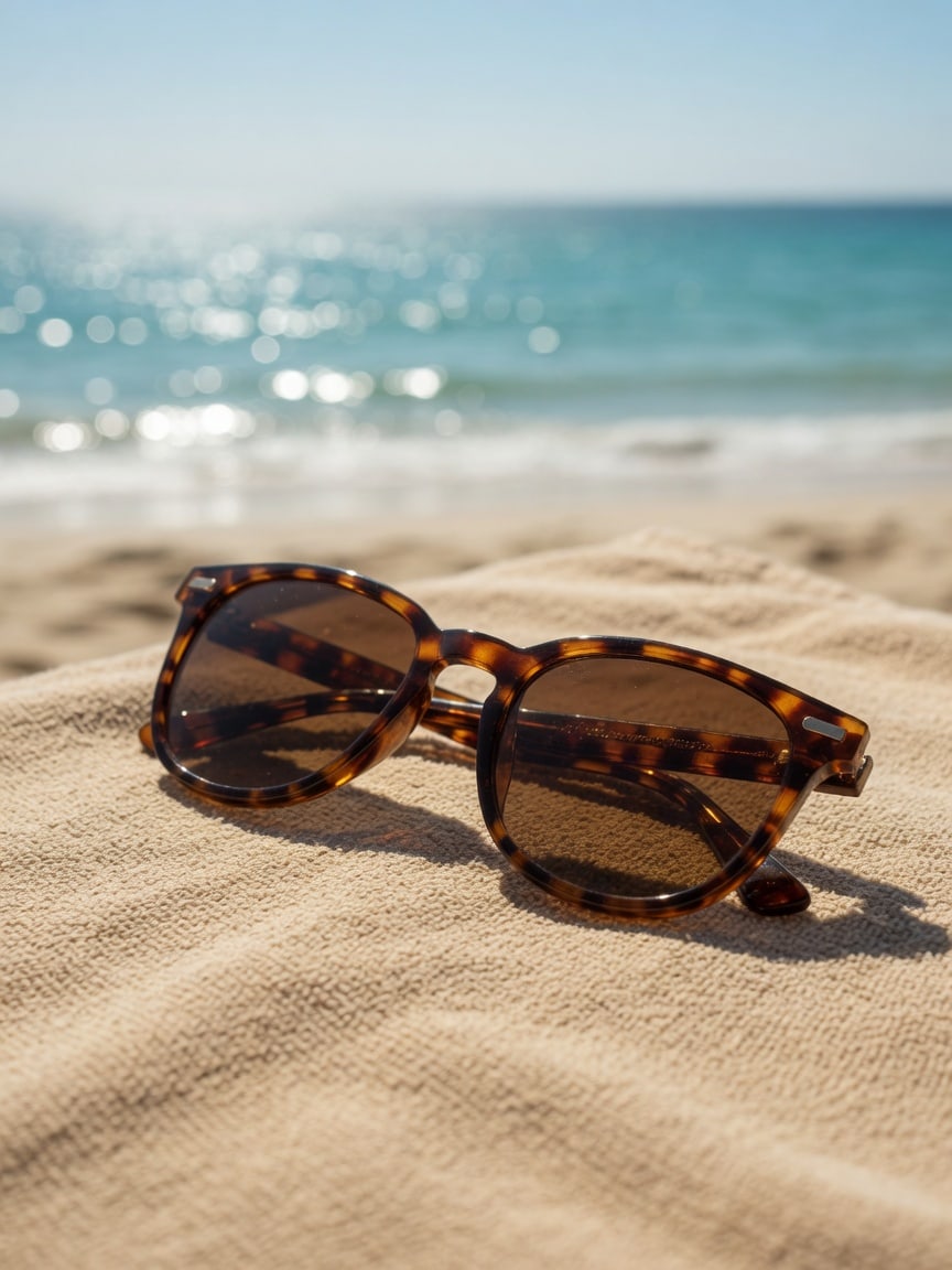 Same tortoiseshell sunglasses on a beach towel.