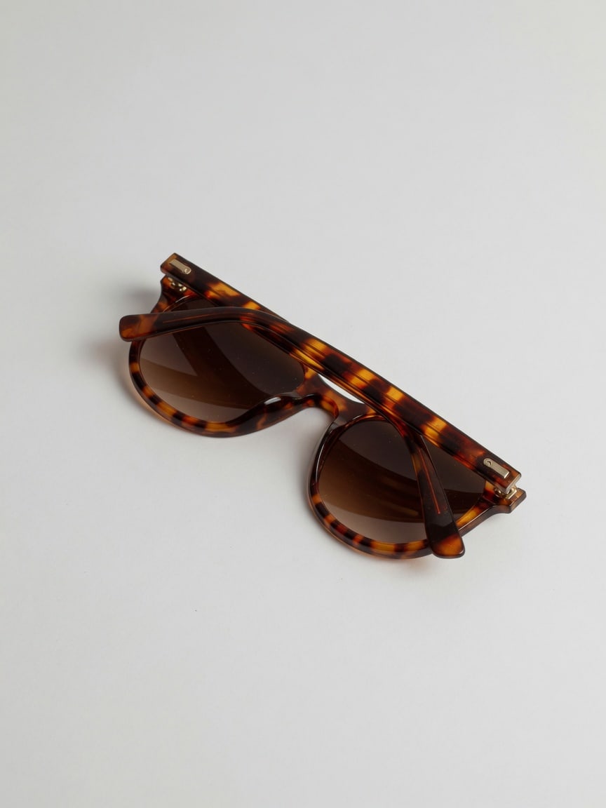 Tortoiseshell sunglasses on a white studio surface.