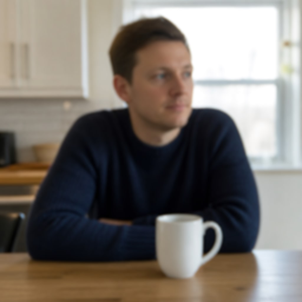 Missed-focus kitchen snapshot of a man in a navy sweater with a coffee mug before an unblur image pass.