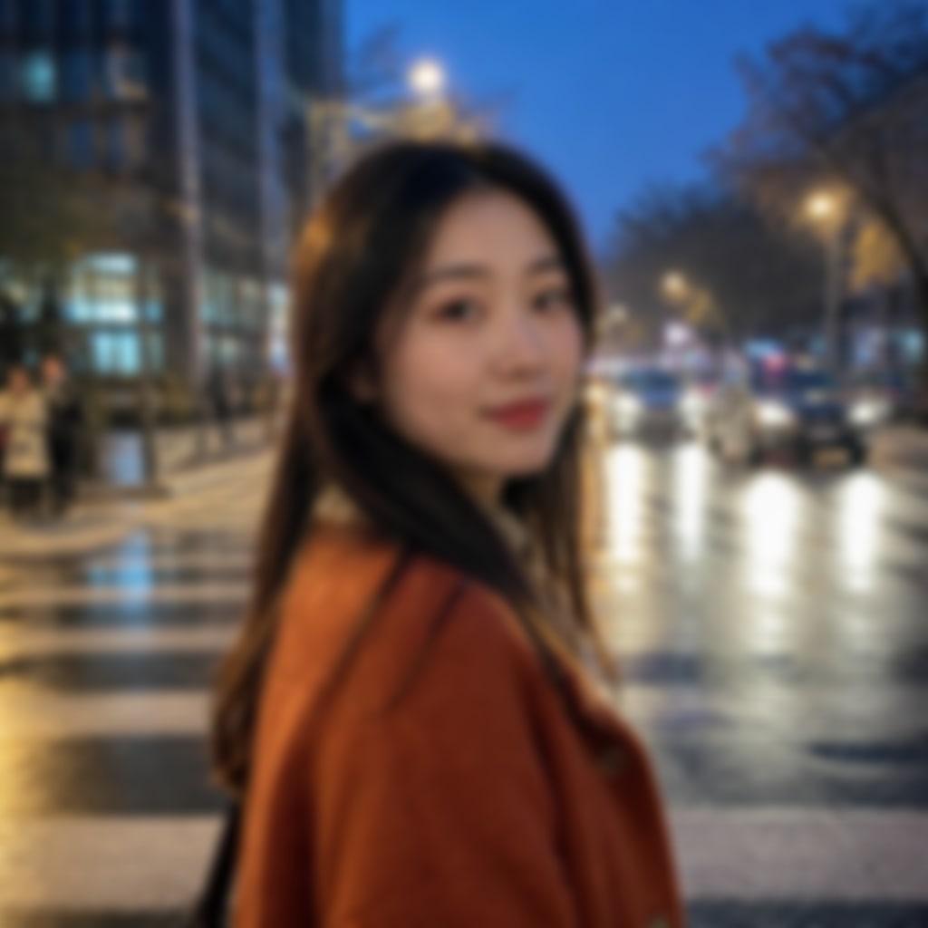 Soft camera-shake snapshot of a woman in a rust coat on a wet city crosswalk at dusk before an unblur image pass.
