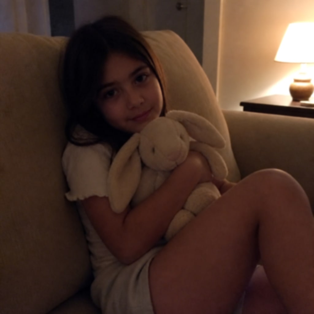 Soft low-light snapshot of a girl on a beige sofa holding a stuffed rabbit before an unblur image pass.