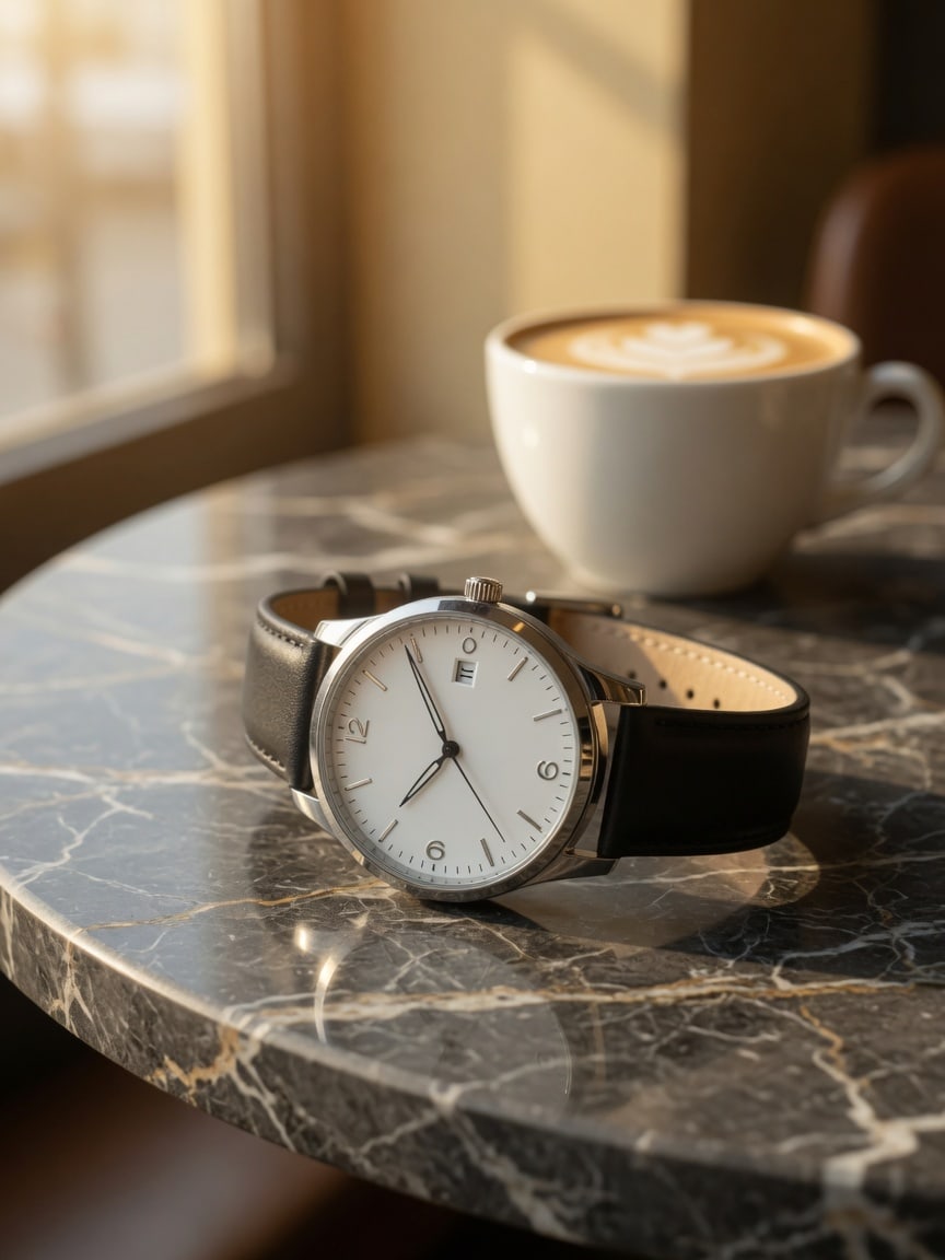 Same silver watch on dark marble in a cafe.