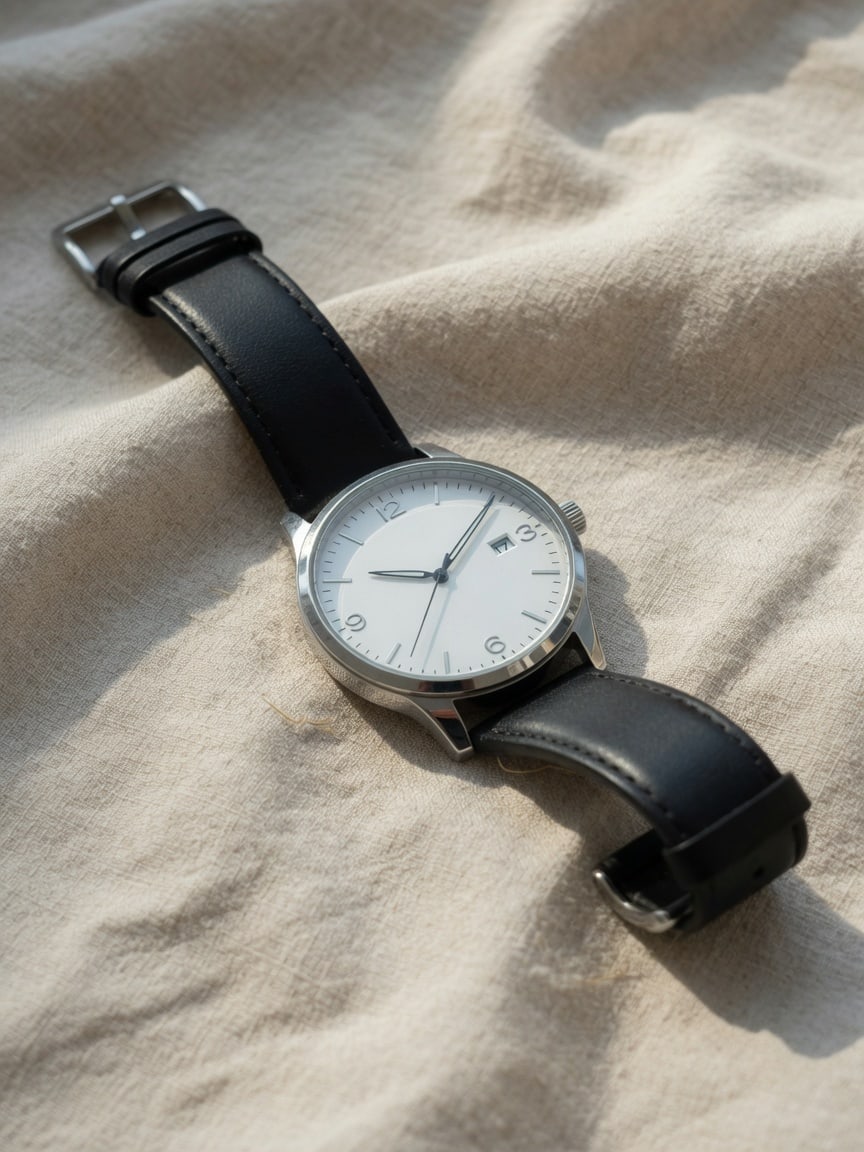 Silver wristwatch on beige linen in studio light.